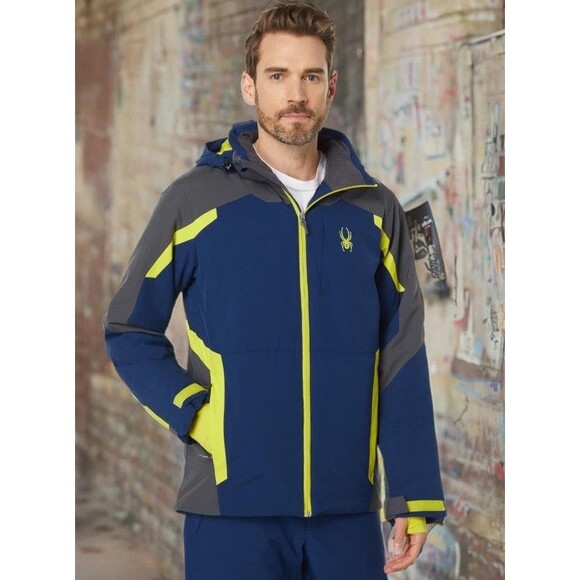 Spyder Blue and Gray Ski Jacket with Yellow Accents - Picture 7 of 16